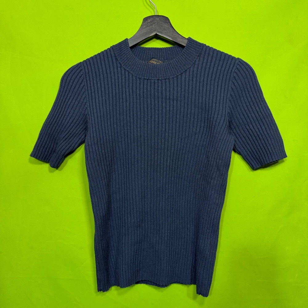 Pendleton Womens Navy Blue Ribbed Knit Mock Neck Short Sleeve Sweater Size S